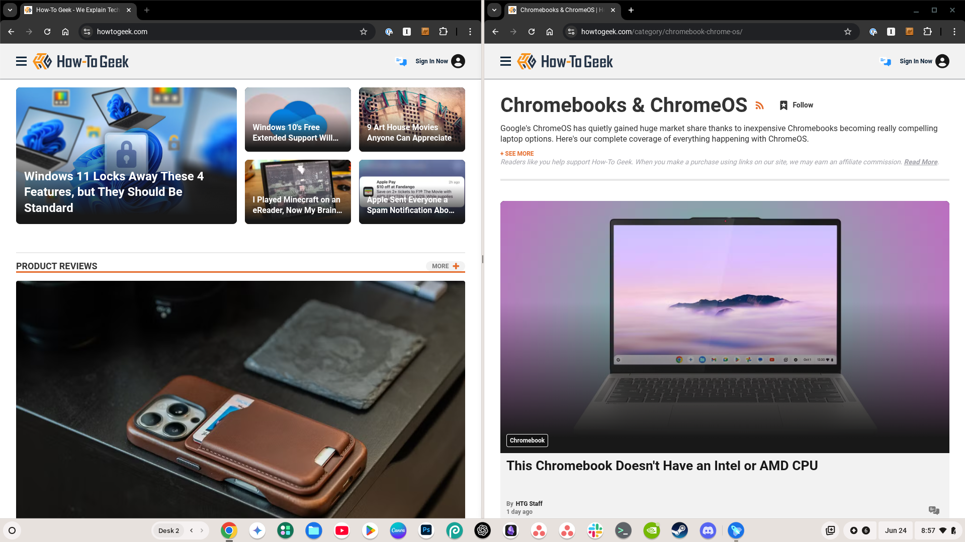 Split view mode showing two open Chrome windows with the How-To Geek website opened.