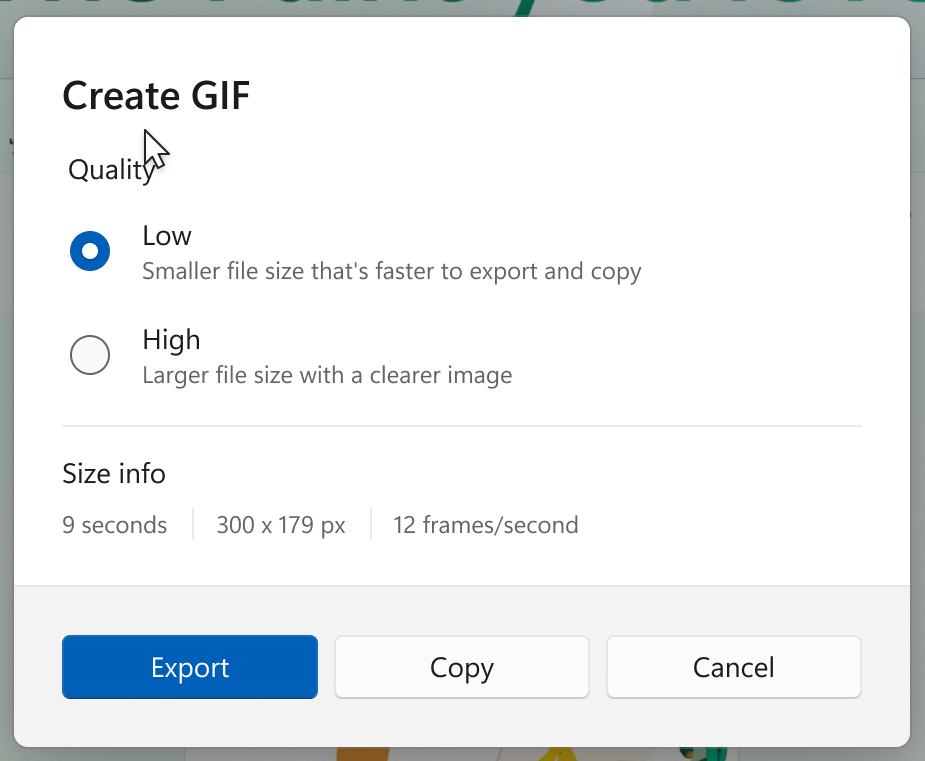 The export options for GIFs in the new Snipping Tool.