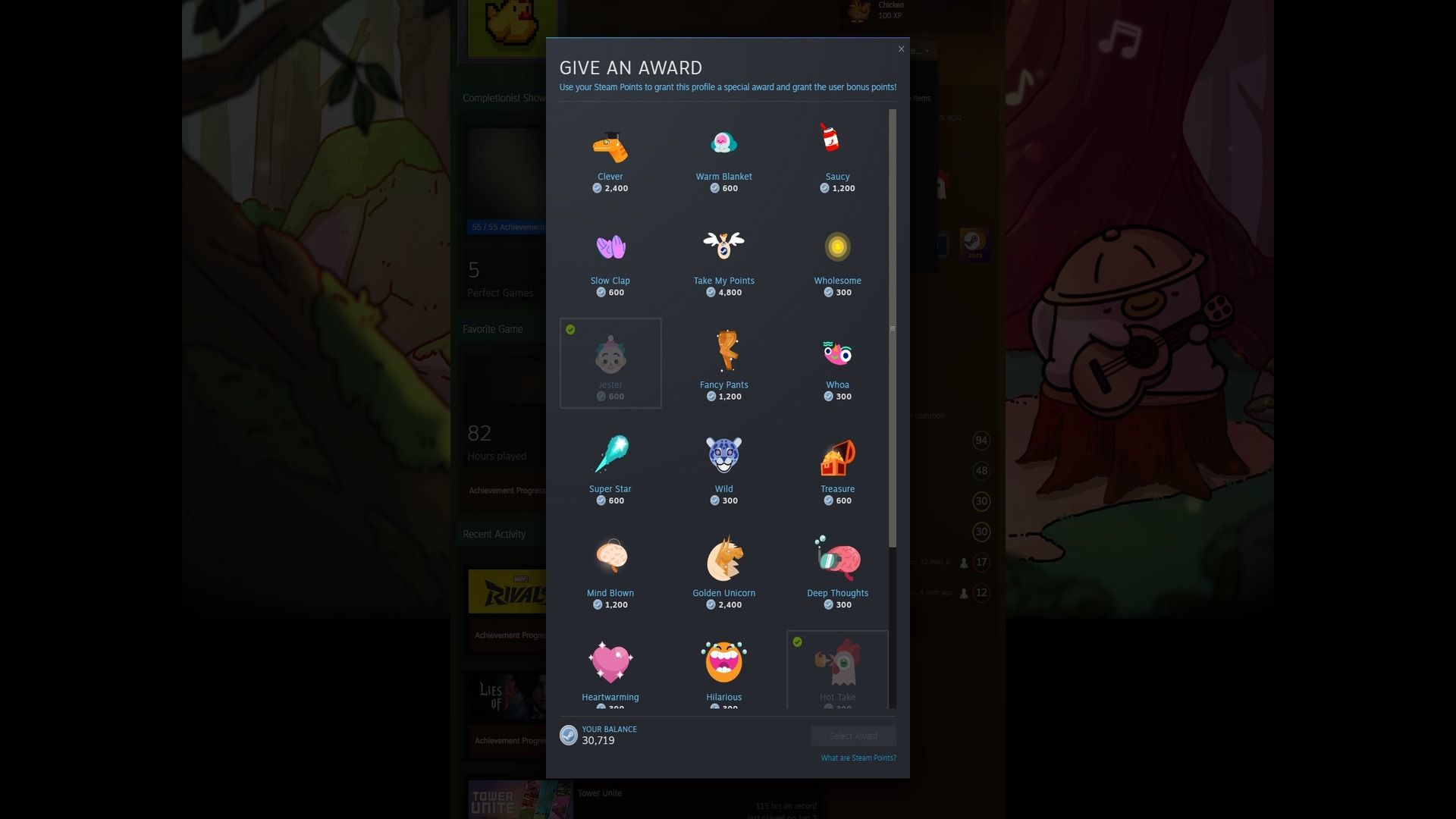 Some of the Community Awards you can award with Steam Points.