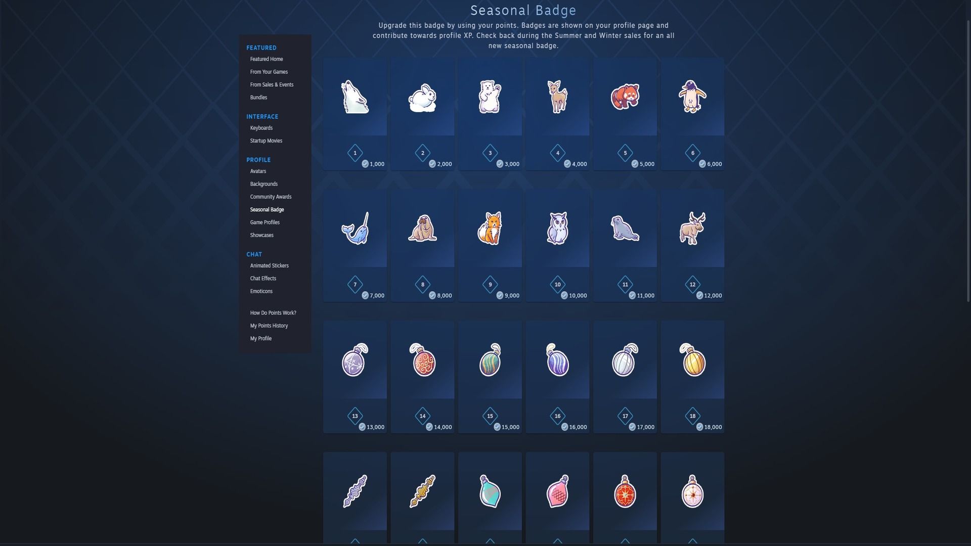 The Winter Collection - 2024 seasonal badges in the Points Shop.