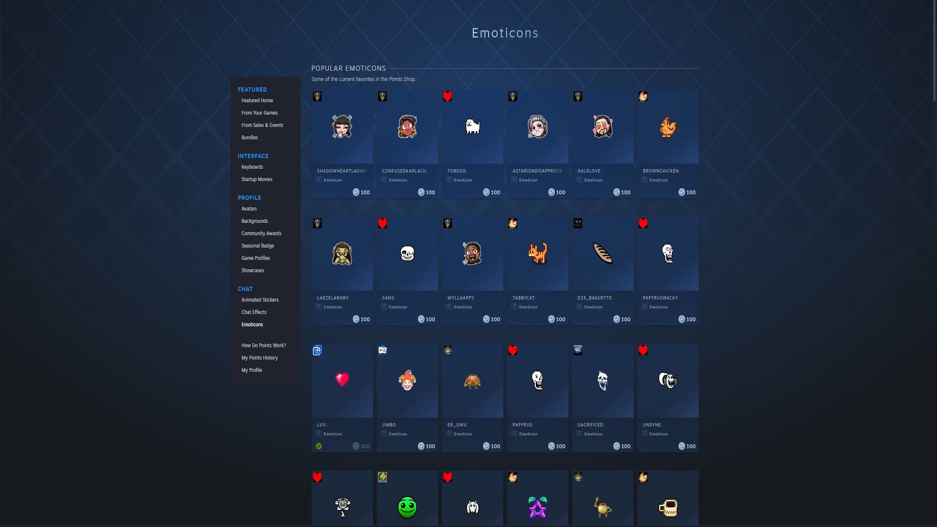 Some of the emoticons you can purchase in the Points Shop on Steam.