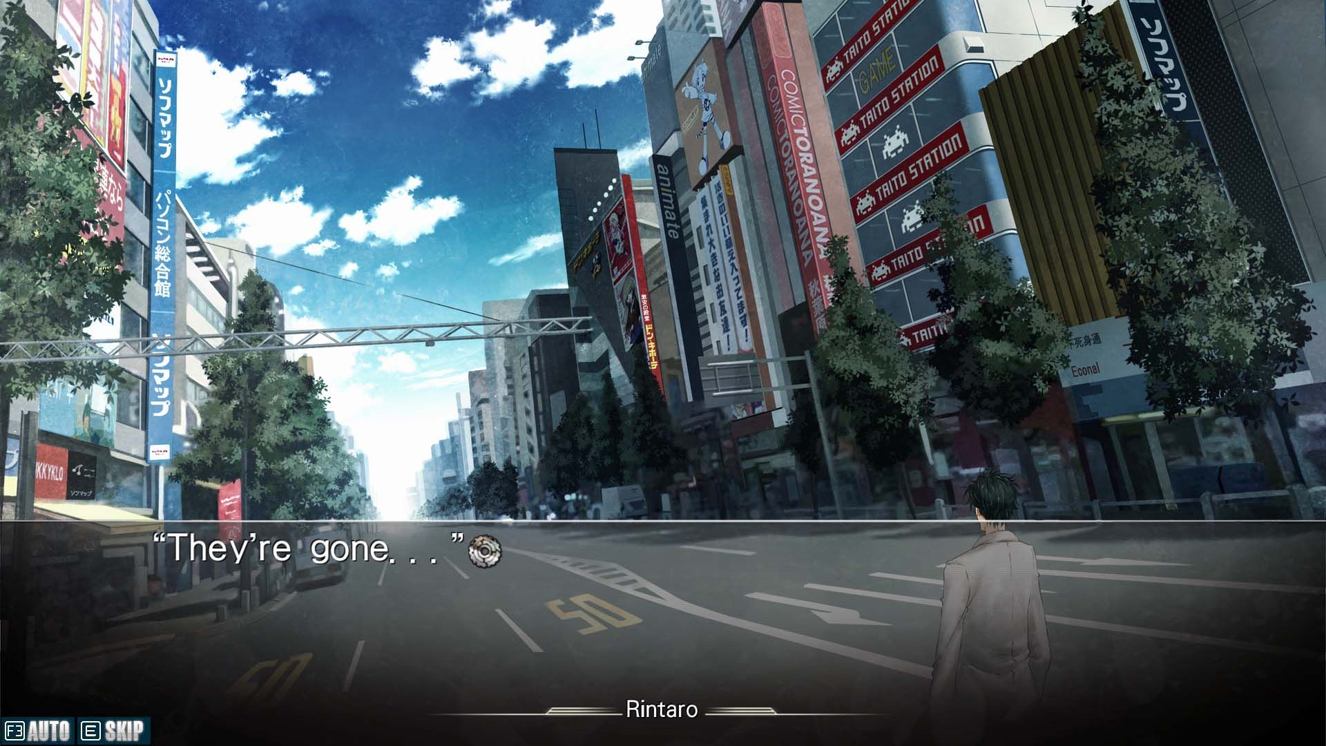 Скриншот главного героя игры Steins;Gate — Окабе, стоящего в одиночестве на пустой улице Токио.