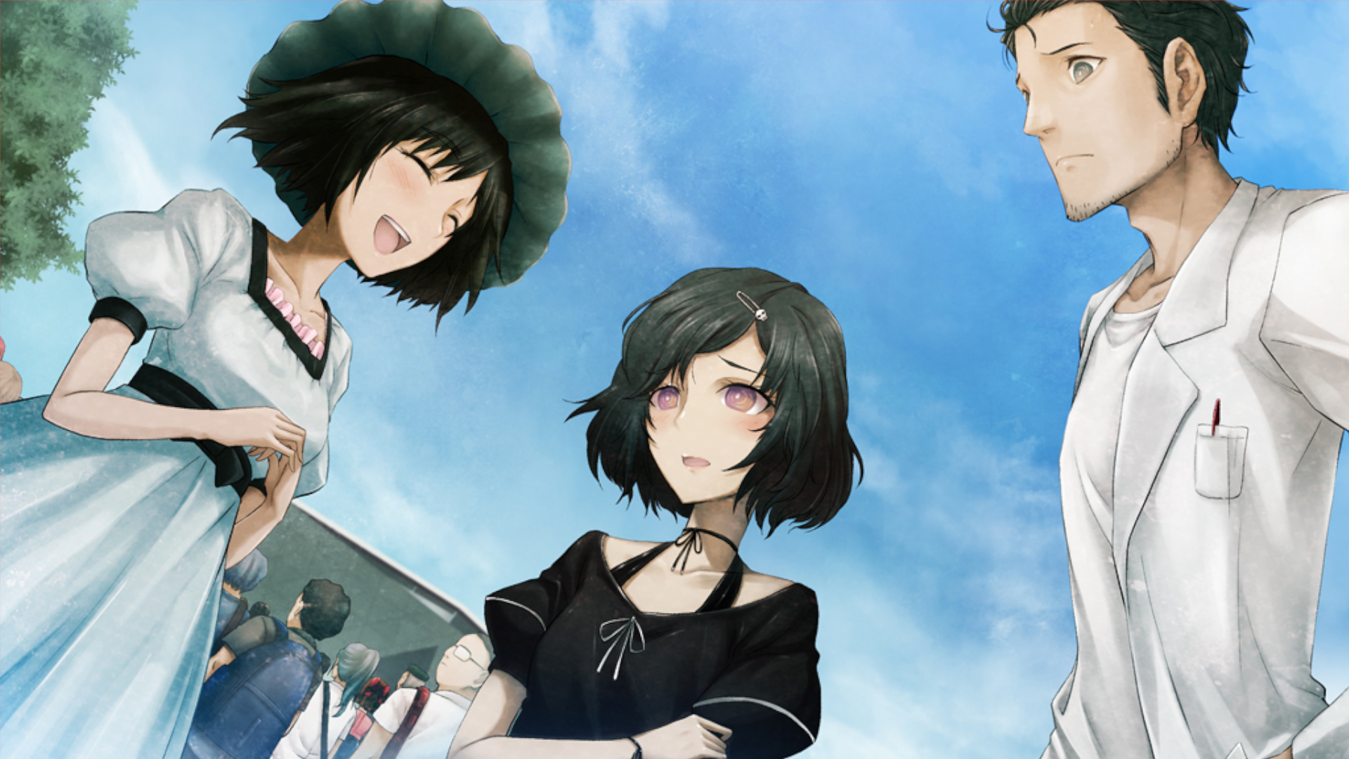 Captura de tela de jogo do jogo Steins; Gate, onde três personagens estão conversando lá fora em um local público.