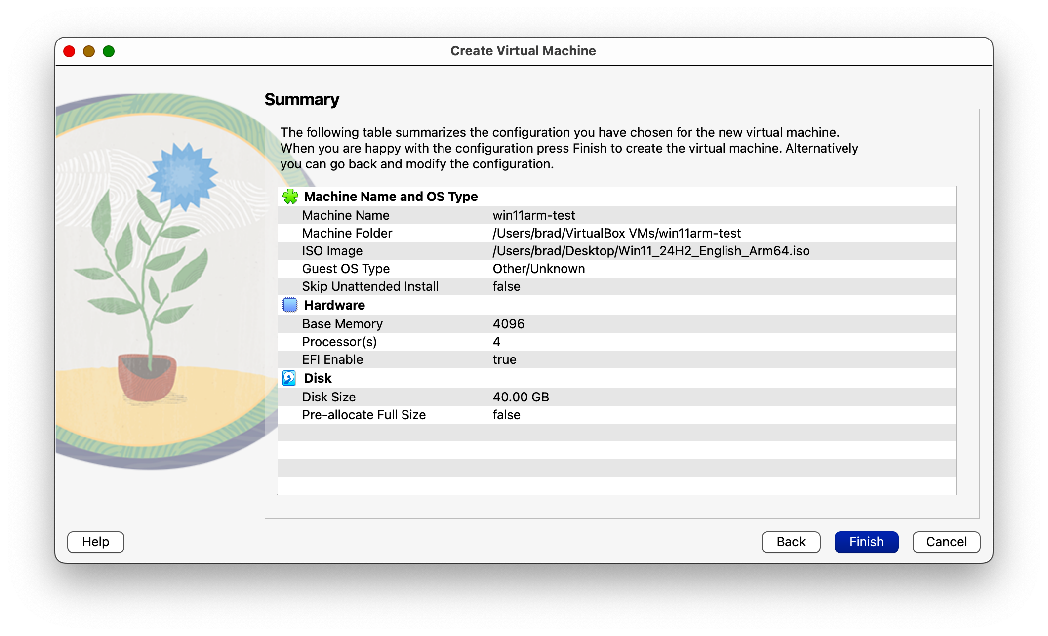 Summary of settings for creating a new VirtualBox virtual machine for Windows 11 ARM on Apple Silicon.