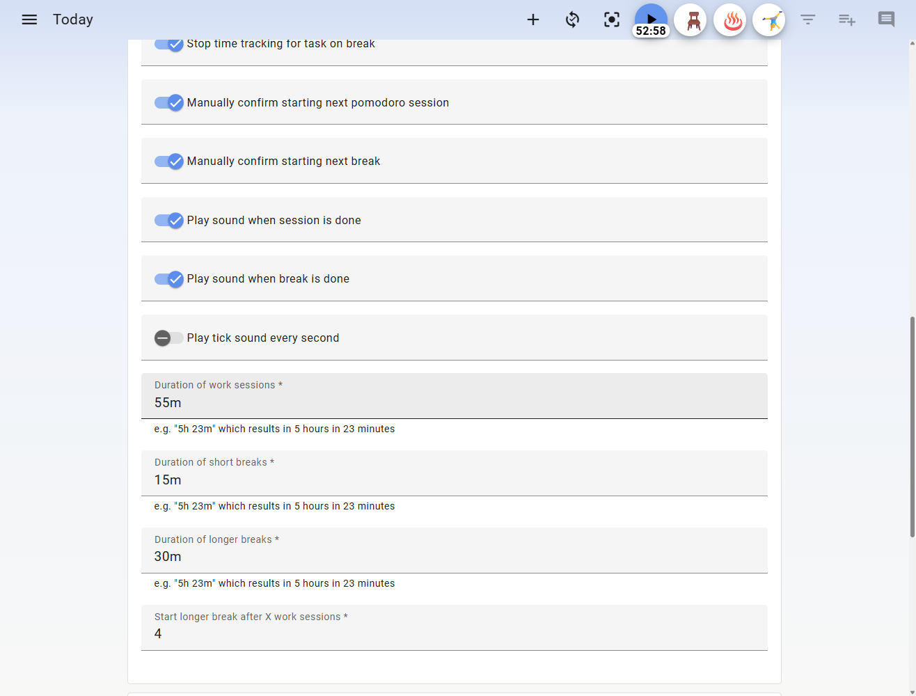 Super Productivity Pomodoro Timer settings.