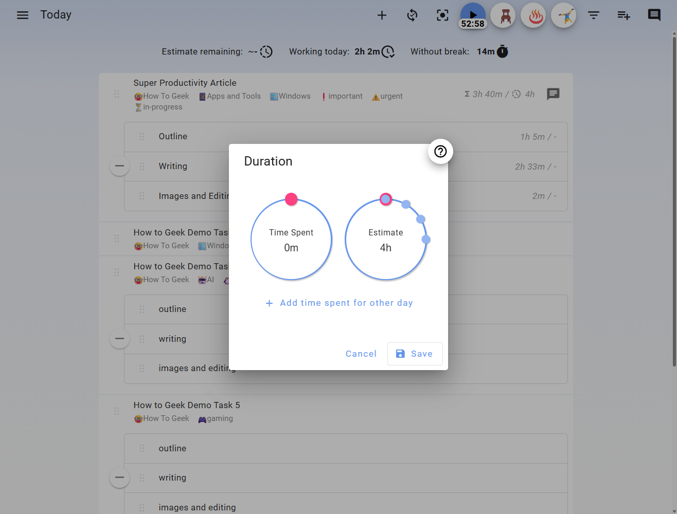 Super Productivity setting time estimates for a task.