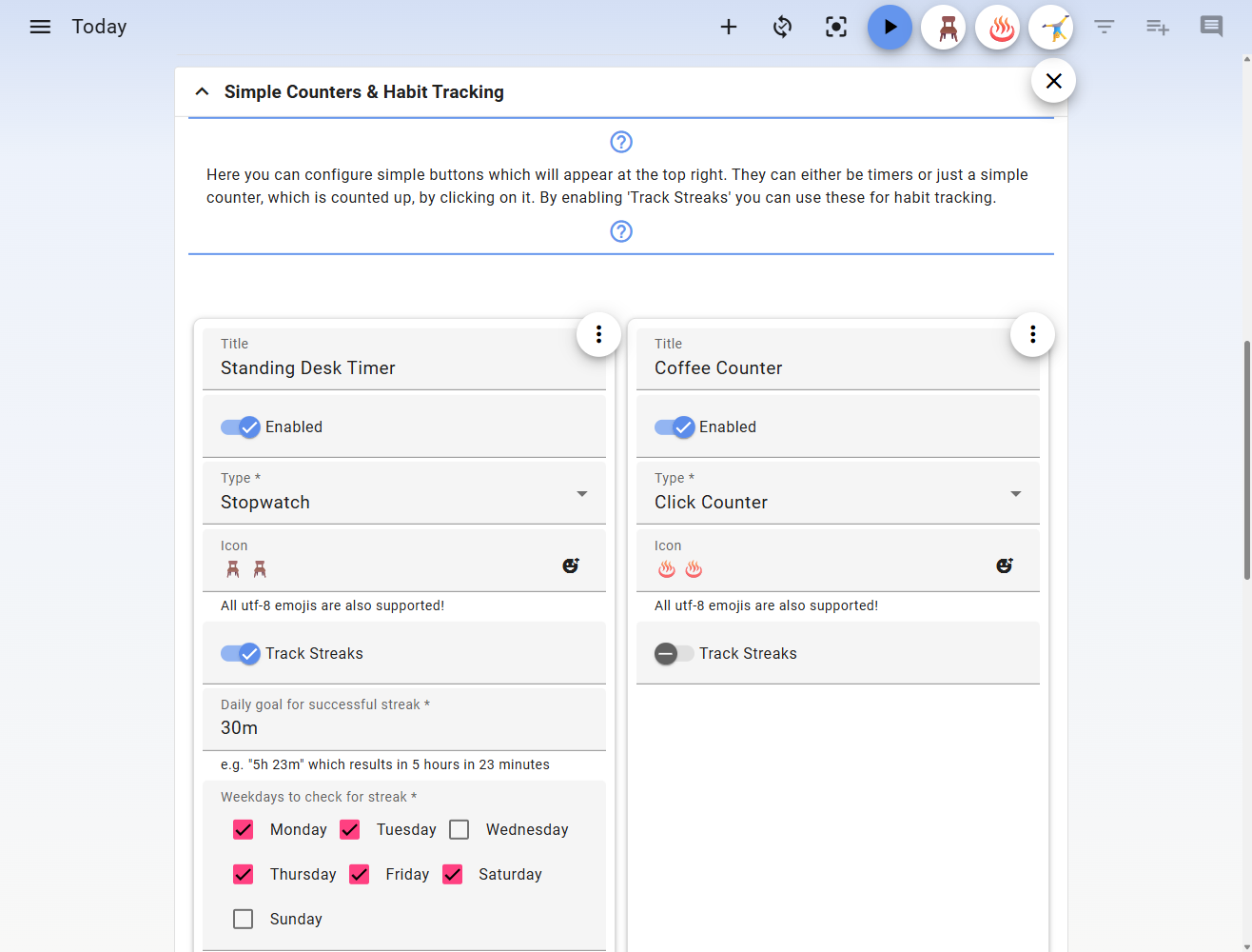 Super Productivity Simple Counters and Habit Tracking settings.
