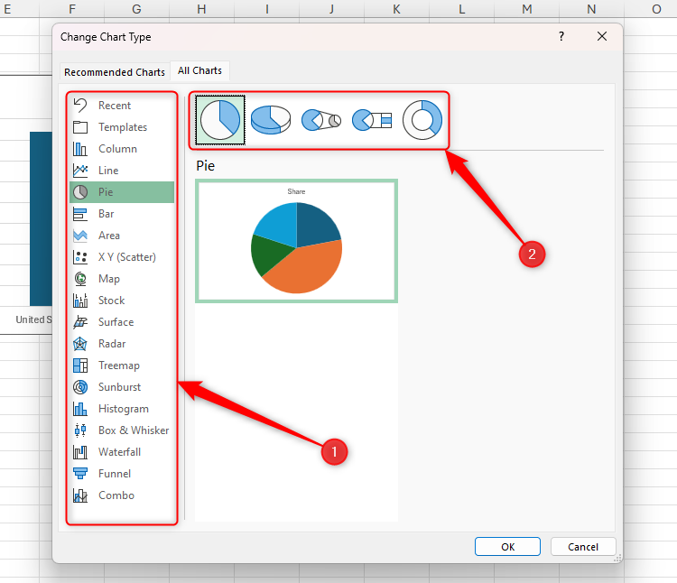 The type of dialog dialog Modify the graphic in Excel, with different parts of the window highlighted.