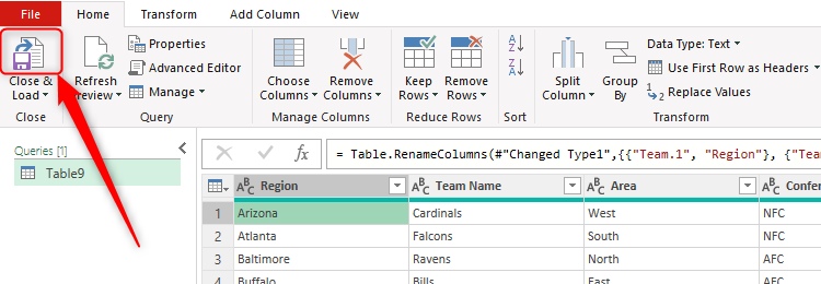 The Close And Load button in Excel's Power Query Editor is selected.