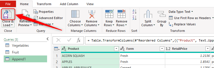 The Close And Load To icon in Excel's Power Query Editor is selected.