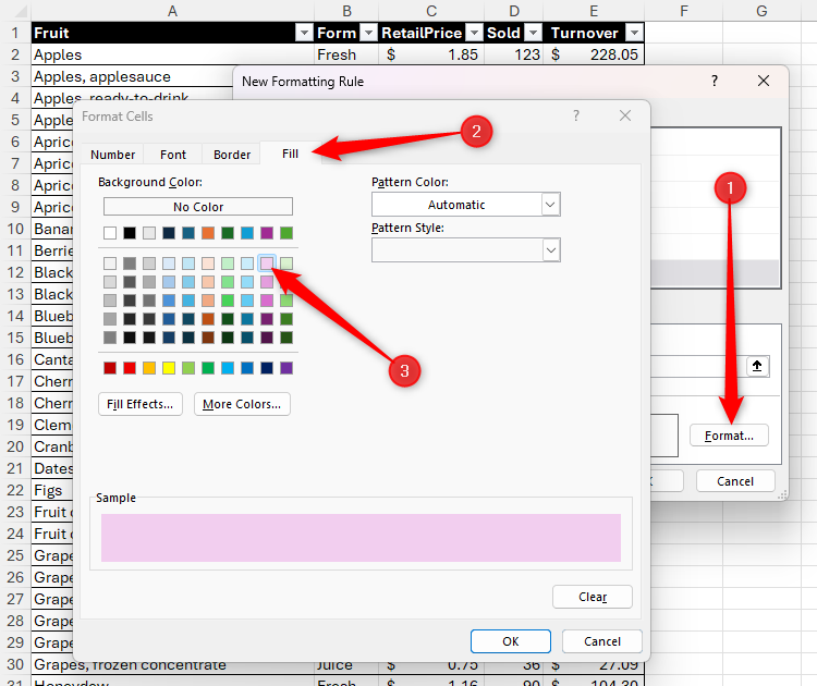 The Conditional Format Format Cells dialog box, with lilac fill selected.