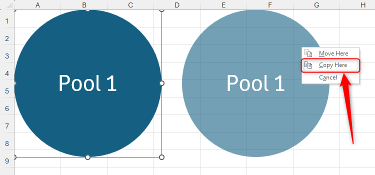 The Copy Here button that appears in Excel when you right-click and drag a shape to another position.