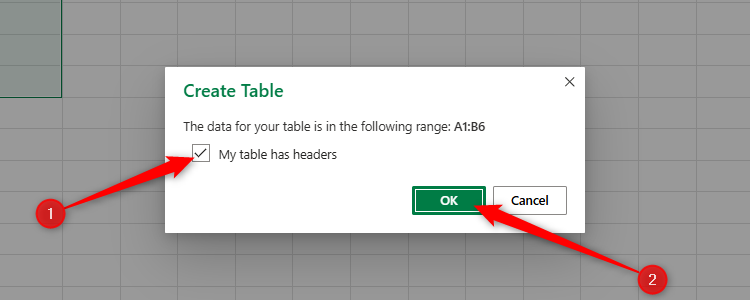 The Create Table dialog box in Excel for the web, with My Table Has Headers checked.