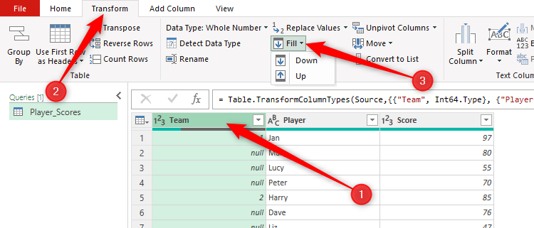 The Fill drop-down menu in Excel's Power Query Editor is expanded.