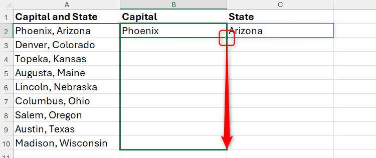 The fill handle in Excel is used to duplicate a formula in B2 from B3 to B10.