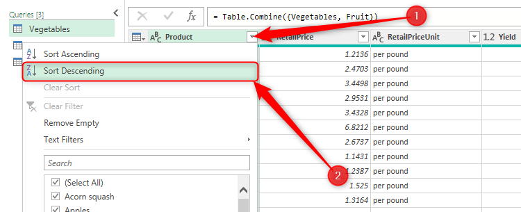 The filter button of a column in Excel's Power Query Editor is clicked, and Sort Descending is selected.