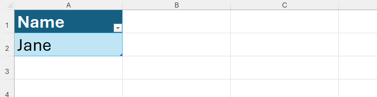 The first two cells of an Excel table contain the column header 'Name,' and the first data entry, 'Jane.'