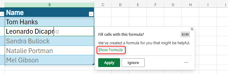 The Formula By Example tool in use in Excel for the Web, with the Show Formula option highlighted.