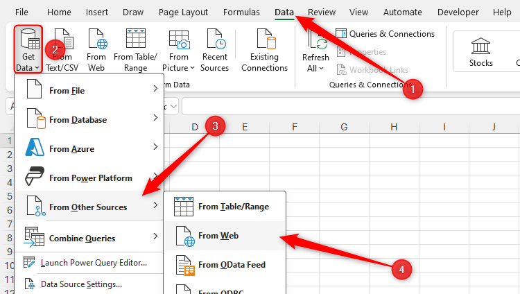 The From Web option in the From Other Sources section of the Get Data drop-down menu in Excel.