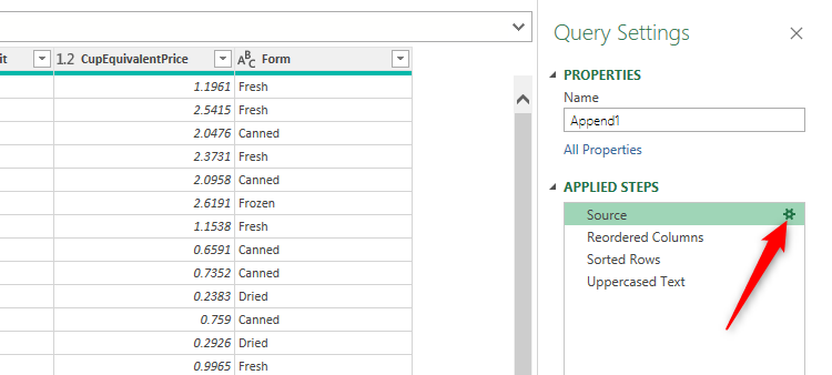 The gear icon next to the Source step in Excel's Power Query Editor is selected.