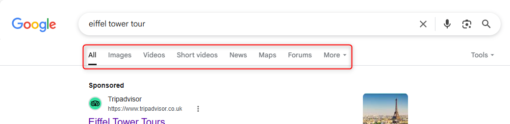 The Google Search banner with the various search types highlighted.