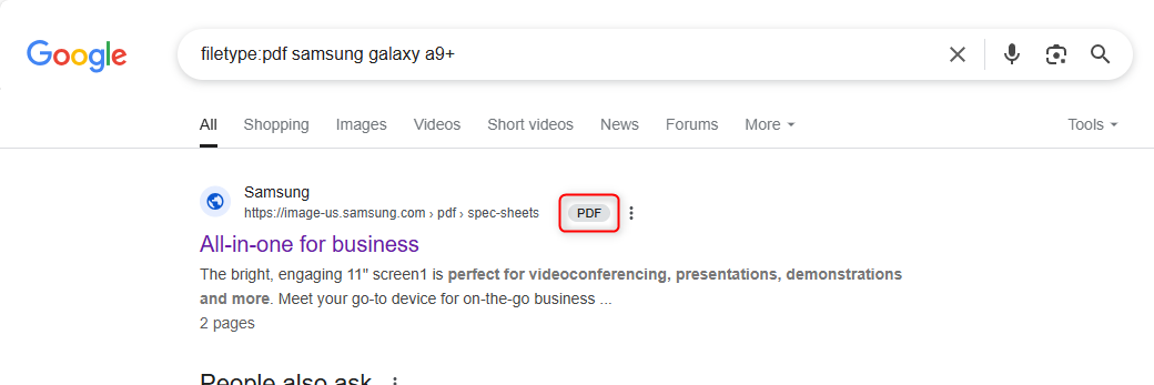 The Google Search result for a file type-specific search query.