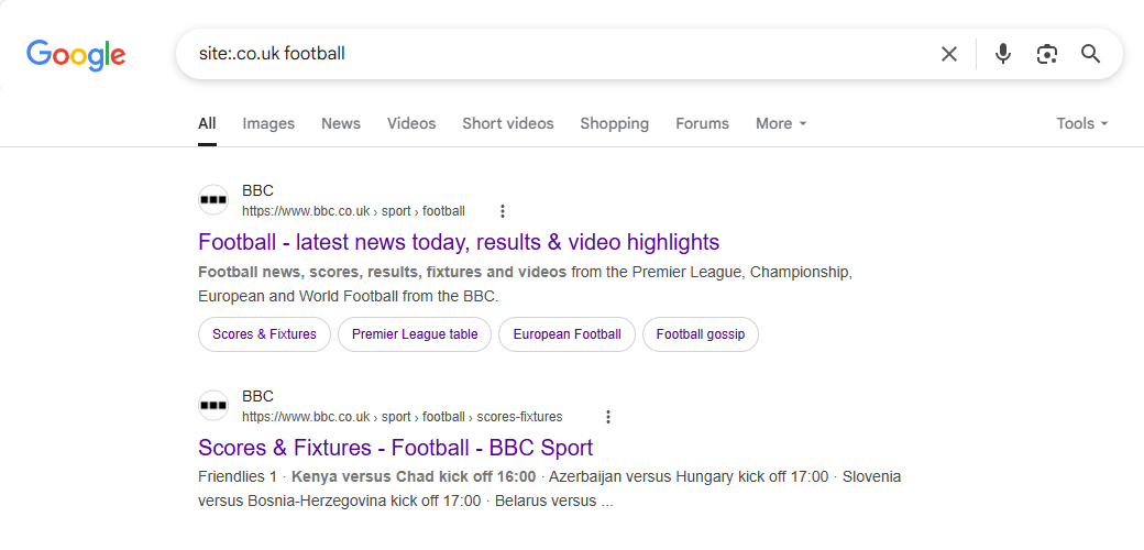 The Google Search result for a location-specific domain extension query.