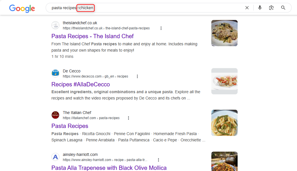 The Google Search result for a query that excludes the word 'chicken' from the results.