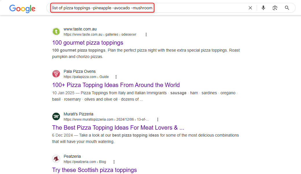 The Google Search result for a search that excludes three words.