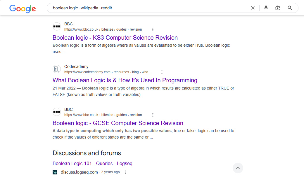 The Google Search result for a search that excludes two website names.