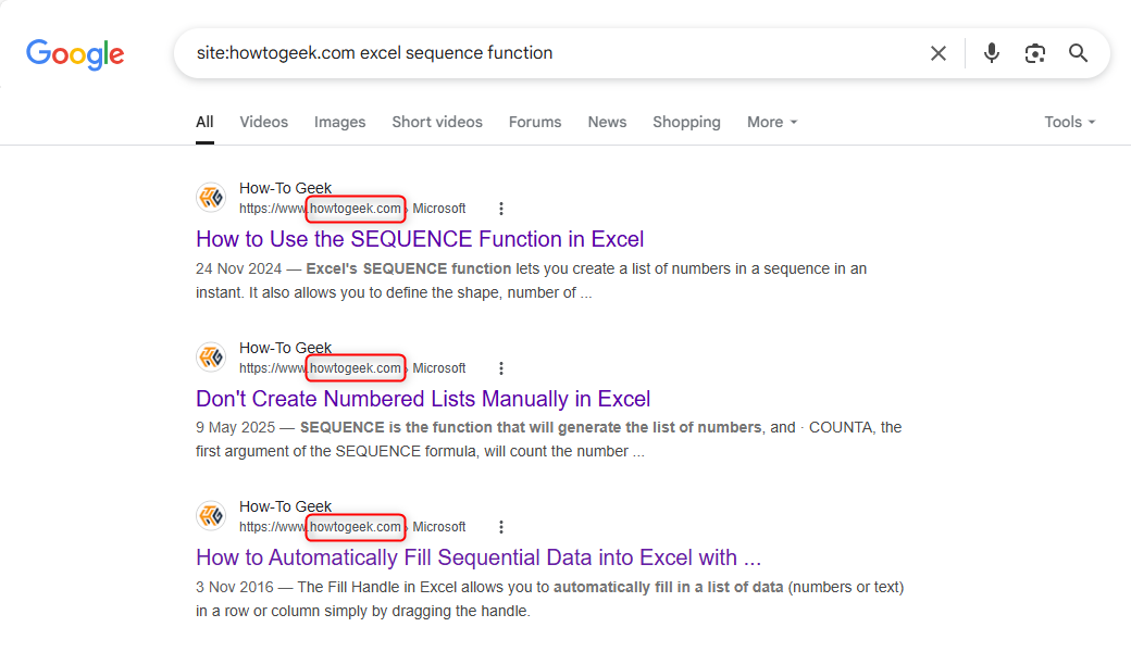 The Google Search result for a site-specific query.