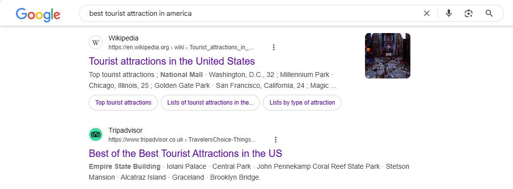 The Google Search result for 'best tourist attraction in America.'