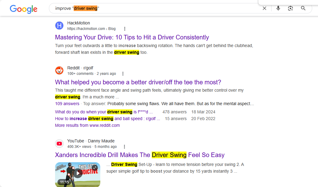 The Google Search result for 'improve driver swing,' with 'driver swing' in inverted commas.