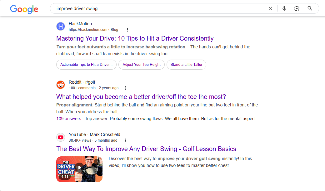 The Google Search result for 'improve driver swing.'