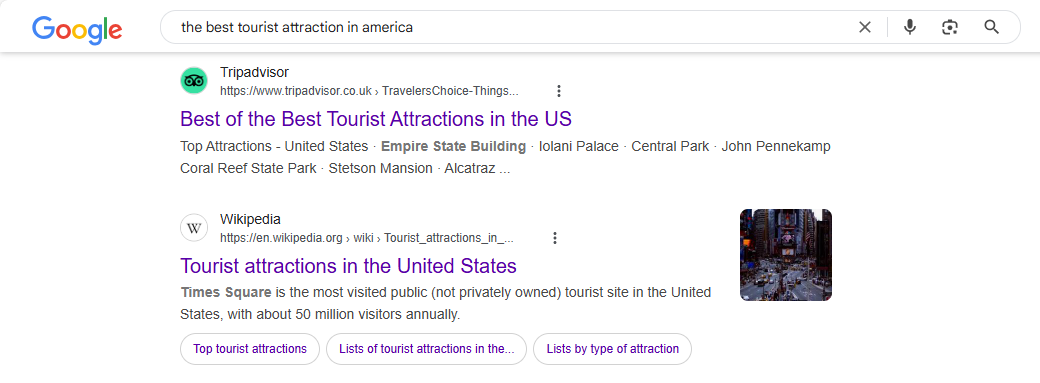 The Google Search result for 'the best tourist attraction in America.'