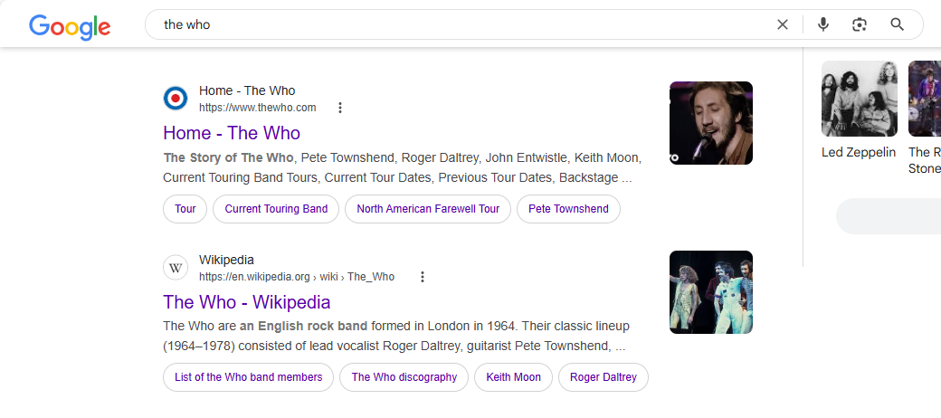 The Google Search result for the query 'the who.'