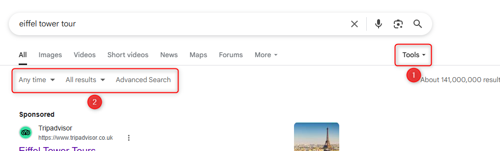 The Google Search Tools button is selected, and the search tool options are displayed.