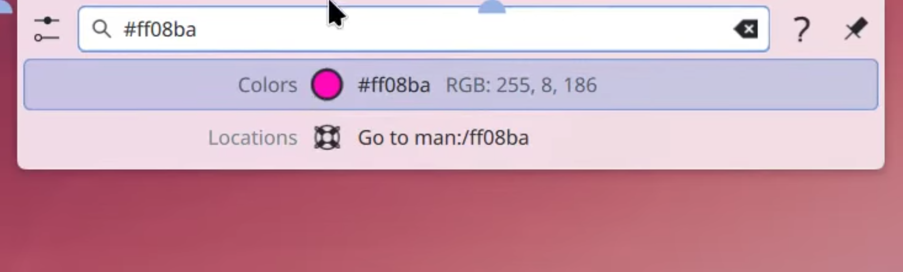 The KRunner app in Plasma showing what the #ff08ba color code looks like.