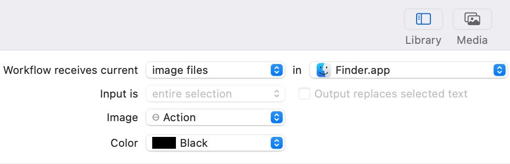 Setting up the Workflow Receives Current action in macOS Automator app.