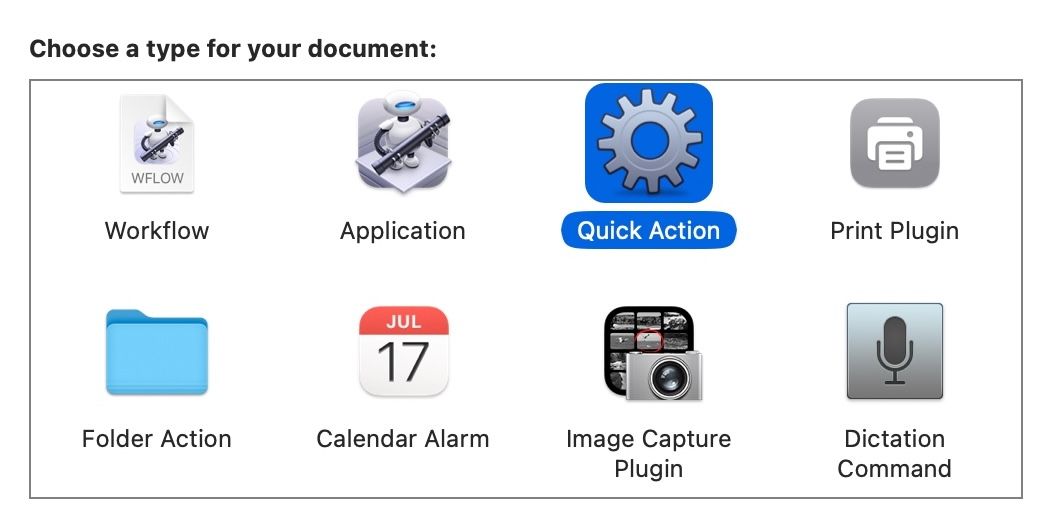 Automator prompt for choosing a document type on a Mac.