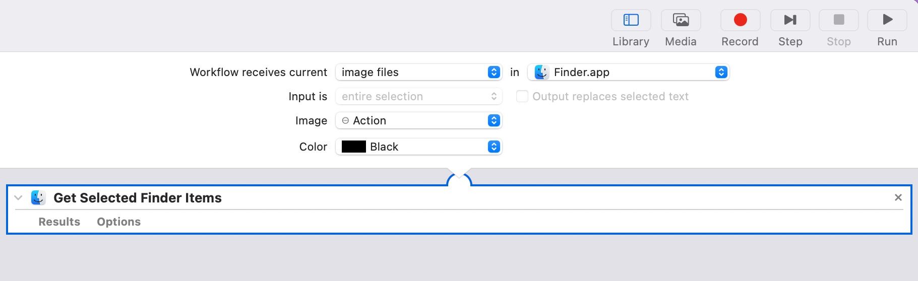 Adding the Get Selected Finder Items action to the workflow area.