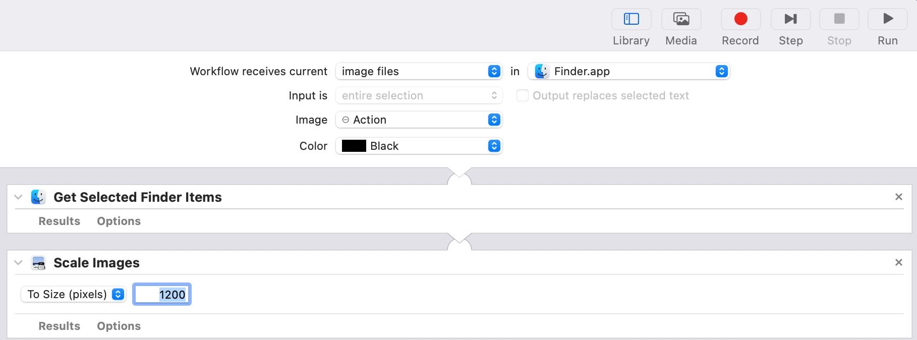 Adding and configuring the Scale Images to the workflow in Automator.