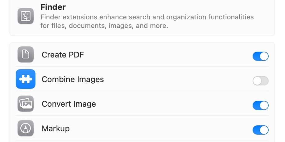 Enabling/disabling Quick Actions in System Settings on a Mac.