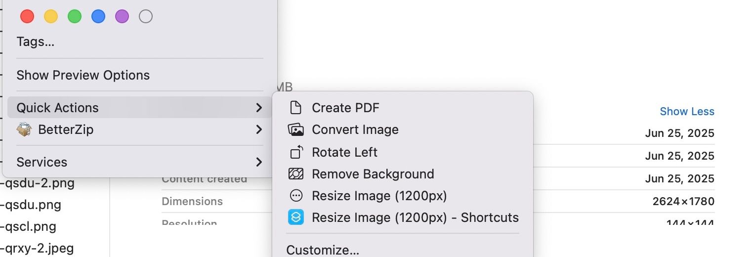 Quick Actions menu upon selecting image files in the Finder app on a Mac.