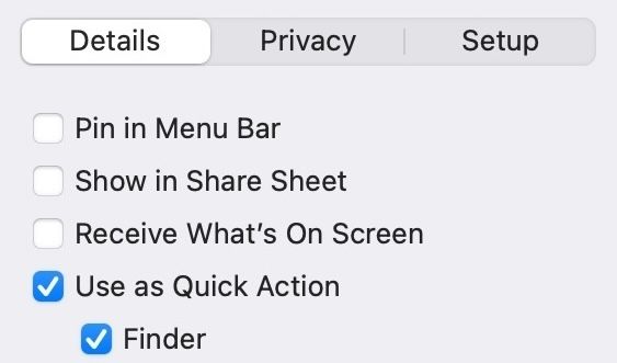 Checking off the Use as Quick Action option for a shortcuts in macOS Shortcuts app.
