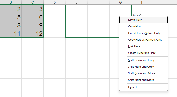 The menu that appears after some data in Excel is selected and moved through the right-click mouse action.
