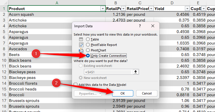 The Only Create Connection radio button in Excel's Import Data dialog box is selected.