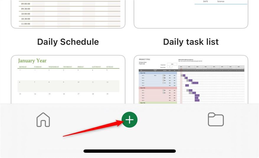 The plus icon on the welcome screen of the iOS Excel app.