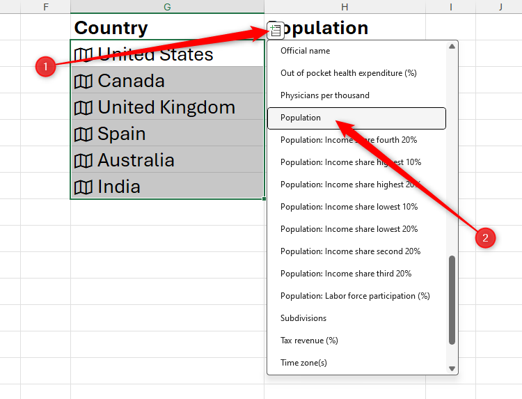 The Population option in Excel's Insert Data menu is selected.