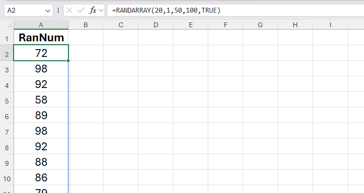 A função RandArray em uma área não formatada de uma planilha do Excel retornando números inteiros aleatórios entre 50 e 100 nas células A2 a A21.